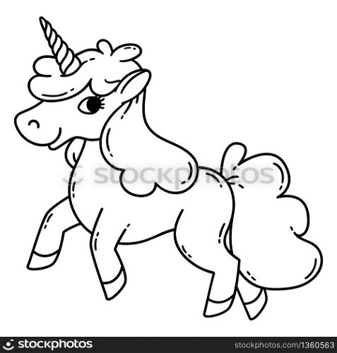 Cute unicorn. Vector illustration isolated on white background. Coloring for children. Card and shirt design.
