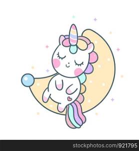 Cute Unicorn vector pony cartoon on moon (kawaii animal): Fabulous fashion, fairytale horse party, magic sleeping time for sweet dream pastel color, Nursery decor:Illustration Flat style design