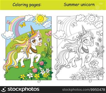 Cute unicorn walking on summer blooming meadow. Coloring book page wih colored template. Vector cartoon illustration isolated on white background. For coloring book, preschool education, print, game. Unicorn walking on blooming meadow coloring book