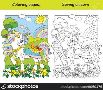 Cute unicorn walking through a spring blooming meadow. Coloring book page wih colored template. Vector cartoon illustration isolated on white. For coloring book, preschool education, print, game. Cute unicorn on spring blooming meadow coloring