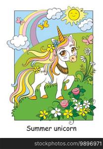 Cute unicorn walking through a summer blooming meadow. Vector cartoon colorful illustration isolated on white background. For print, design, cards, puzzle, coloring book, preschool education and game.. Cute summer unicorn with flowers colorful vector