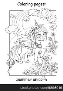 Cute unicorn walking through a summer blooming meadow. Coloring book page. Vector cartoon illustration isolated on white background. For coloring book, preschool education, print and game.. Cute summer unicorn with flowers coloring vector