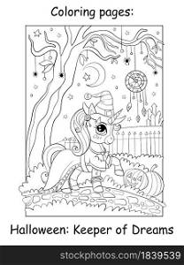 Cute unicorn witch and dreamcatcher in night forest. Halloween concept. Coloring book page for children. Vector cartoon illustration. For coloring book, education, print, game, decor, puzzle,design. Coloring book page cute unicorn witch and dreamcatcher