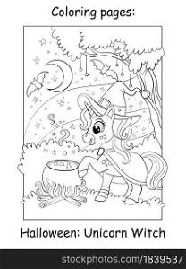 Cute unicorn witch and magic cauldron in night forest. Halloween concept. Coloring book page for children. Vector cartoon illustration. For coloring book, education, print, game, decor, puzzle,design. Coloring book page cute unicorn witch Halloween