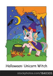 Cute unicorn witch and magic cauldron in night forest. Halloween concept. Vector cartoon illustration. For education, print, game, decor, puzzle, design, sticker. Cute unicorn witch Halloween vector cartoon illustration