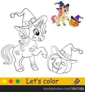 Cute unicorn witch and pumpkin in witches hats. Halloween concept. Coloring book page for children. Vector cartoon illustration. For coloring book, education, print, game, decor, puzzle,design. Cute unicorn witch coloring book page Halloween