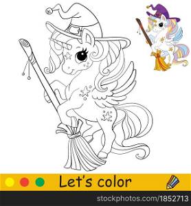 Cute unicorn witch with a broom. Halloween concept. Coloring book page for children. Vector cartoon isolated illustration. For coloring book, education, print, game, decor, puzzle,design. Cute unicorn witch with a broom coloring book page