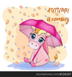 Cute unicorn with an umbrella, it’s raining, yellow leaves and the inscription Autumn is coming. Cute unicorn with an umbrella, it’s raining, yellow leaves and the inscription Autumn is coming.