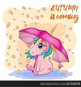 Cute unicorn with an umbrella, it’s raining, yellow leaves and the inscription Autumn is coming. Cute unicorn with an umbrella, it’s raining, yellow leaves and the inscription Autumn is coming.