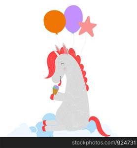 Cute Unicorn with balloons eating ice cream cone sitting on cloud isolated on white background. Happy birthday greeting card, baby shower print Cartoon scandinavian illustration clip art, icon. Cute Unicorn with balloons eating ice cream cone
