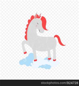 Cute unicorn with closed eyes pink mane stand on clouds isolated on transparent background. White pony stamping hooves, print t-shirt baby shower, birthday card cartoon character. Vector Illustration. Cute unicorn closed eyes pink mane stand on clouds