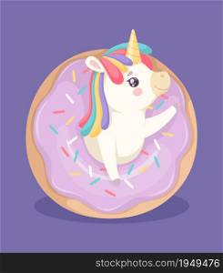 Cute unicorn with donut. Sweet poster, bakery and fantasy animal. Cute cartoon pony and cake with color glaze vector illustration. Unicorn donut color, doughnut rainbow funny pastry. Cute unicorn with donut. Sweet poster, bakery and fantasy animal. Cute cartoon pony and cake with color glaze vector illustration