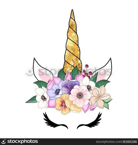 Cute unicorn with floral anemone wreath and gold glitter horn. Vector hand drawn illustration.. Cute unicorn with floral wreath and gold glitter horn. Vector hand drawn illustration