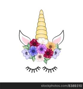 Cute unicorn with floral anemone wreath and gold glitter horn. Vector hand drawn illustration.. Cute unicorn with floral wreath and gold glitter horn. Vector hand drawn illustration