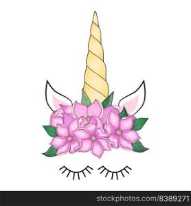 Cute unicorn with floral magnolias wreath and gold glitter horn. Vector hand drawn illustration.. Cute unicorn with floral wreath and gold glitter horn. Vector hand drawn illustration