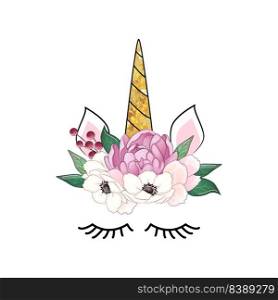 Cute unicorn with floral peonies wreath and gold glitter horn. Vector hand drawn illustration.. Cute unicorn with floral wreath and gold glitter horn. Vector hand drawn illustration