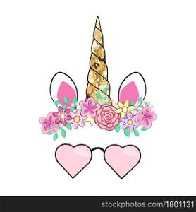 Cute unicorn with floral wreath, with glasses and gold glitter elements.. Cute unicorn with floral wreath, slogan and gold glitter elements