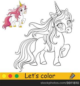 Cute unicorn with pink long mane. Coloring book page with colorful template. Vector cartoon illustration isolated on white background. For coloring book, preschool education, print and game.. Cute unicorn with pink long mane coloring vector
