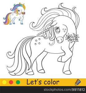 Cute unicorn with rainbow mane. Coloring book page with colorful template. Vector cartoon illustration isolated on white background. For coloring book, preschool education, print and game.. Cute unicorn with rainbow mane coloring vector