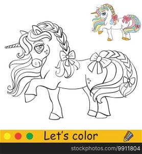 Cute unicorn with ribbons. Coloring book page with colorful template. Vector cartoon illustration isolated on white background. For coloring book, preschool education, print and game.. Cute little unicorn with ribbons coloring vector