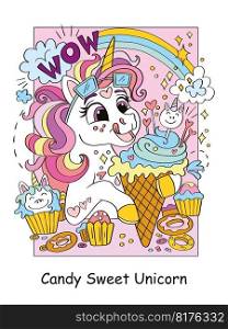 Cute unicorn with sweets and ice cream and lettering wow. Cartoon character color vector illustration. Unicorn poster and book cover. For card, print, design, stickers, decor, puzzle and game. Cute unicorn with ice cream color vector illustration