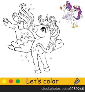 Cute unicorn with wings. Coloring book page with colorful template. Vector cartoon illustration isolated on white background. For coloring book, preschool education, print, design, decor and game.. Coloring vector cute little unicorn with wings