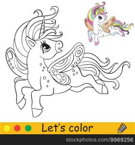 Cute unicorn with wings.Coloring book page with colorful template. Vector cartoon illustration isolated on white background. For children coloring book,preschool education, print,design,decor and game. Coloring vector cute little unicorn with wings