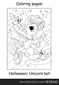 Cute unicorn with wings flies in the night starry sky with bats. Halloween concept. Coloring book page for children. Vector cartoon illustration. For coloring book, education, print, game, decor, puzzle,design. Coloring book page cute unicorn with Halloween