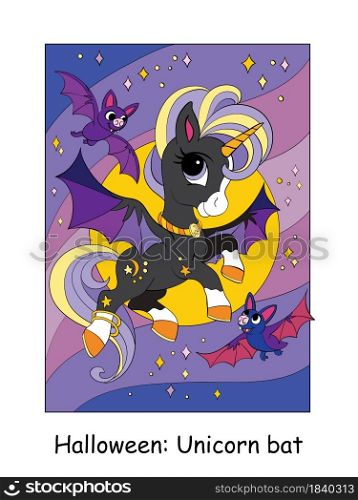 Cute unicorn with wings flies in the night starry sky with bats. Halloween concept. Vector cartoon illustration. For education, print, game, decor, puzzle, design, sticker. Cute unicorn flies with bats Halloween vector cartoon illustration