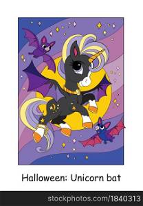 Cute unicorn with wings flies in the night starry sky with bats. Halloween concept. Vector cartoon illustration. For education, print, game, decor, puzzle, design, sticker. Cute unicorn flies with bats Halloween vector cartoon illustration
