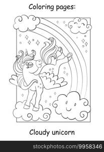 Cute unicorn with wings flying in the sky. Coloring book page for children. Vector cartoon illustration isolated on white background. For coloring book, preschool education, print, game, decor.. Cute unicorn with wings flying in the sky coloring vector