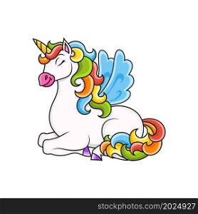 Cute unicorn with wings. Magic fairy horse. Cartoon character. Colorful vector illustration. Isolated on white background. Design element.