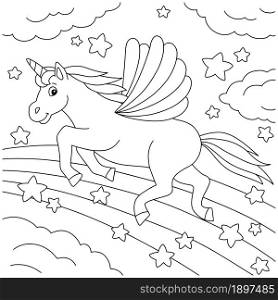 Cute unicorn with wings. Magic fairy horse. Coloring book page for kids. Cartoon style character. Vector illustration isolated on white background.