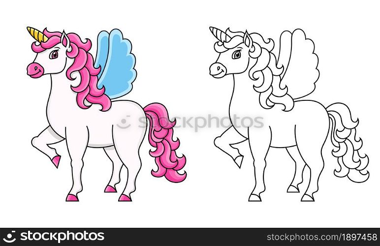 Cute unicorn with wings. Magic fairy horse. Magic fairy horse. Coloring book page for kids. Cartoon style. Vector illustration isolated on white background.