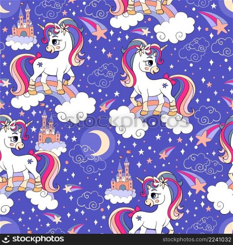 Cute unicorns and magic elements and rainbows seamless pattern on blue background. Vector illustration for print, wallpaper, design, decor, goods, bed linen and apparel. Seamless pattern cute unicorns and magic elements vector blue