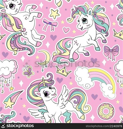 Cute unicorns and magic elements and rainbows seamless pattern on pink background. Vector illustration for print, wallpaper, design, decor, goods, bed linen and apparel. Seamless pattern cute unicorns and magic elements vector