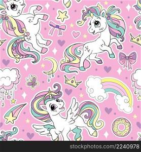 Cute unicorns and magic elements and rainbows seamless pattern on pink background. Vector illustration for print, wallpaper, design, decor, goods, bed linen and apparel. Seamless pattern cute unicorns and magic elements vector