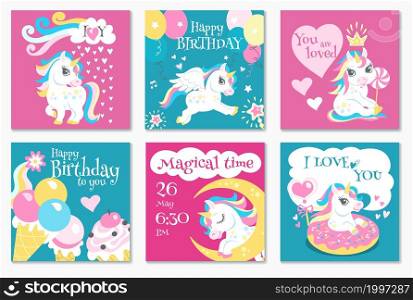 Cute unicorns. Birthday girly banners, funny animals characters, fairy tales little horses, magic holiday posters, kids party invitation and greeting cards template, vector cartoon flat illustration. Cute unicorns. Birthday girly banners, funny animals characters, fairy tales little horses, magic holiday posters, kids party invitation cards template, vector cartoon flat illustration