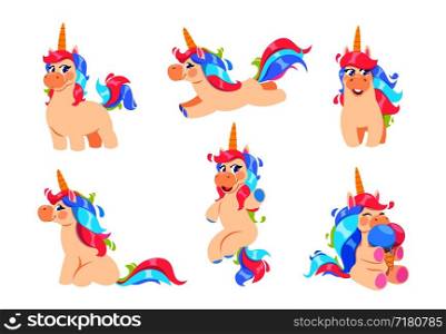 Cute unicorns. Cartoon fairy pony, magic baby horse animal. Fairytale vector characters. Illustration of magic pony with horn and colored mane. Cute unicorns. Cartoon fairy pony, magic baby horse animal. Fairytale vector characters