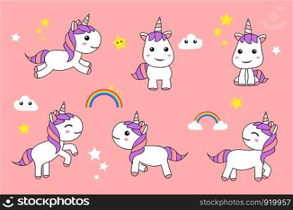 Cute Unicorns cartoon happy fun , baby unicorn , vector illustration