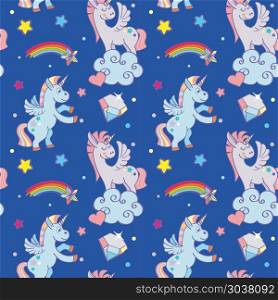 Cute unicorns, clouds, rainbow magic wand vector seamless pattern. Cute unicorns, clouds, rainbow magic wand. Vector seamless pattern background for holiday birthday illustration