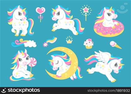 Cute unicorns. Flying little horses. Cartoon magical animals sleep or play. Funny characters with sweety babies design. Kids fairy tale decor templates. Vector happy winged ponies set and candies. Cute unicorns. Flying little horses. Cartoon magical animals sleep or play. Funny characters with sweety babies design. Kids fairy decor templates. Vector happy ponies set and candies