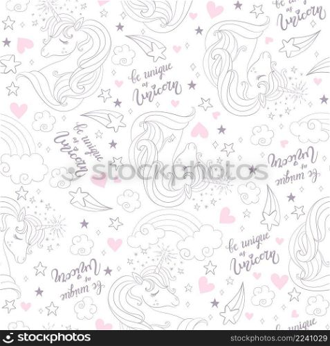 Cute unicorns heads, lettering and magic elements seamless pattern on white background. Vector illustration for print, wallpaper, design, decor, goods, bed linen and apparel. Seamless pattern unicorns heads and lettering white