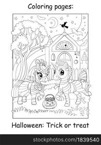 Cute unicorns in Egyptian mummy costumes in night forest. Halloween concept. Coloring book page for children. Vector cartoon illustration. For coloring book, education, print, game, decor, puzzle,design. Coloring book page cute unicorns in mummy costumes