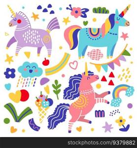 Cute unicorns set in cartoon scandinavian style. Magic horses collection with rainbows, hearts, stars and elements. Vector isolated illustration. For print, design, poster, sticker, card, t shirt. Cute unicorns set in cartoon style vector illustration