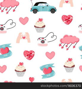 Cute valentine background with heart,cake,car.Vector illustration seamless pattern for background,wallpaper,fabric