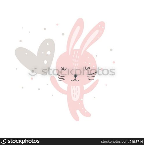 Cute valentine doodle hand drawn pink bunny girl with heart illustration. Sweet rabbit character holding a heart. Cartoon character baby vector logo for web design isolated on white background.. Cute valentine doodle hand drawn pink bunny girl with heart illustration. Sweet rabbit character holding a heart. Cartoon character baby vector logo for web design isolated on white background