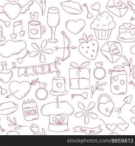Cute valentine doodle seamless pattern. Romantic gentle background. Pink sketch of attributes on white background. Print for textile, paper, wallpaper, design. Flat illustration, vector. Cute valentine doodle seamless pattern