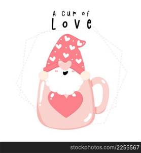 cute Valentine Gnome boy in pink coffe mug cup flat vector cartoon