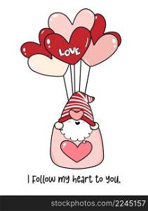 Cute Valentine Gnome in heart shape balloons cartoon flat vector 
